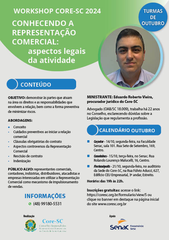 WORKSHOP CORE-SC - Conhecendo a Representação Comercial: aspectos legais da atividade